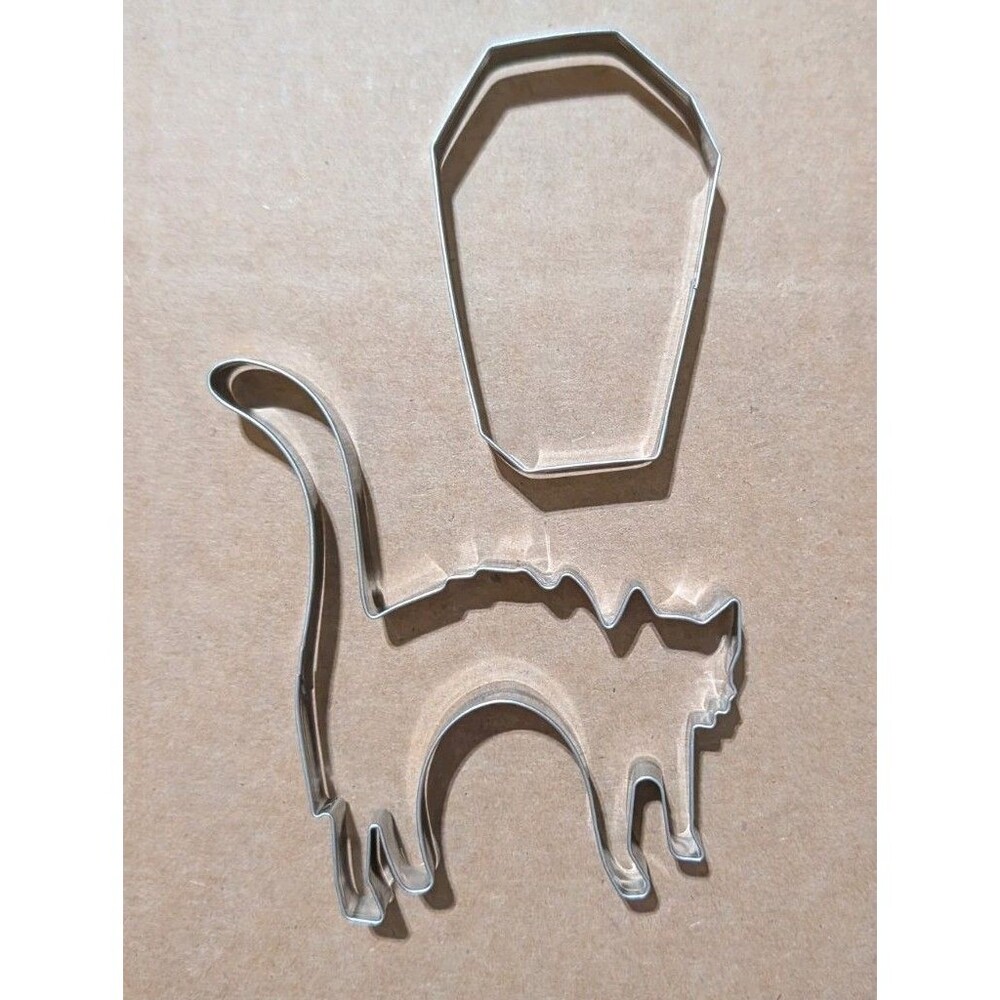 Halloween Cookie Cutters 2 Piece Metal Lot Coffin Arched Cat Tin NWOT